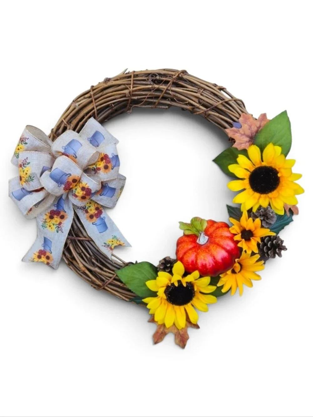 Handmade Autumn Grapevine Wreath with Sunflowers and Pumpkin
